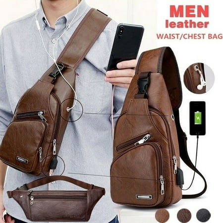 Men PU Leather Sling Bags Chest Shoulder Crossbody Messenger Hiking Multipurpose Daypack