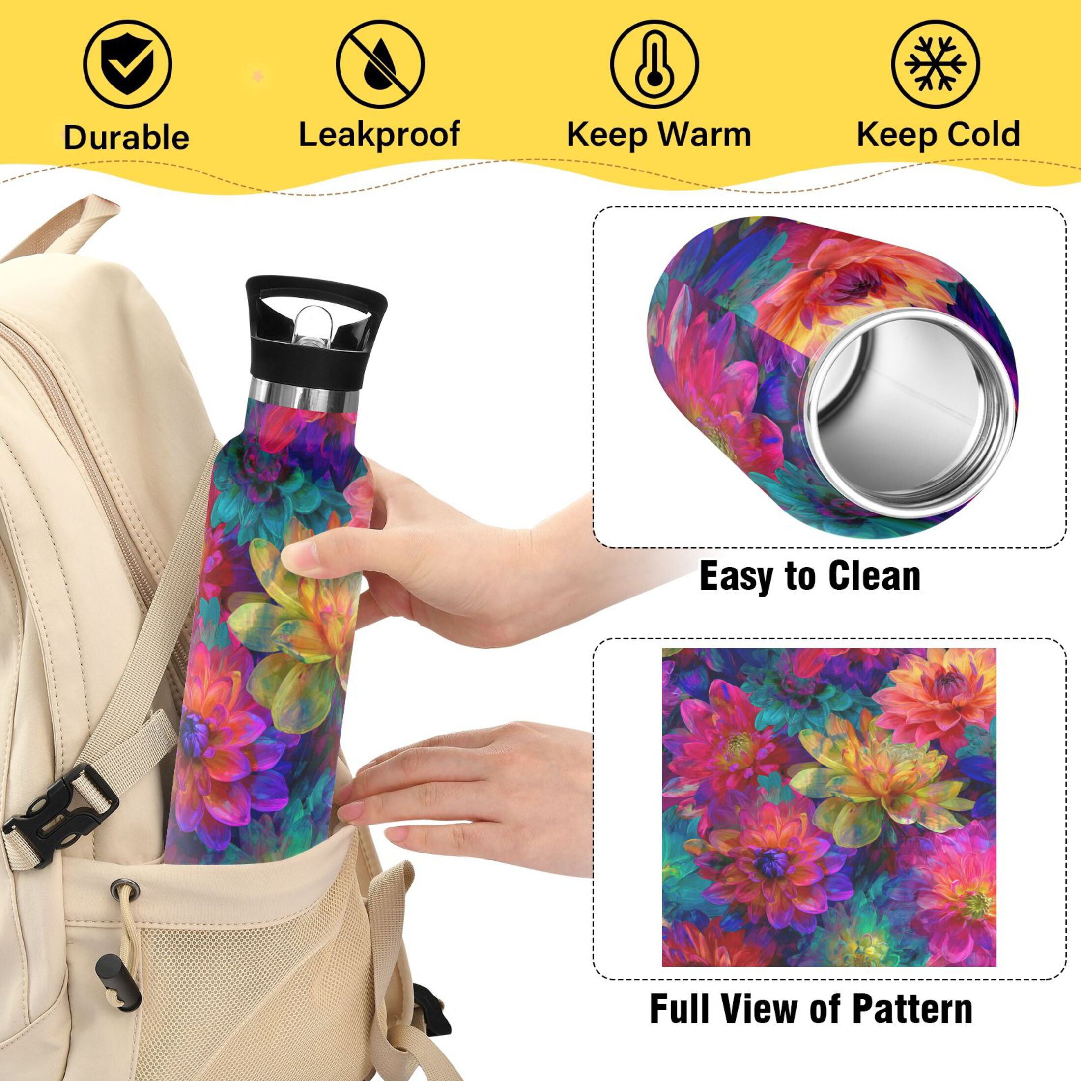 Kids Insulated Stainless Steel Sports Water Bottle 600ml (20oz) Colorful and Bright Floral Pattern