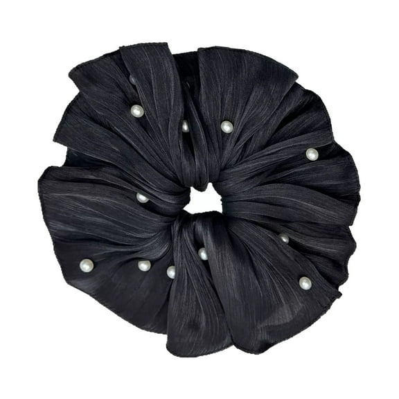 RUISINERY Elegant French Inspired Beaded Pearl Scrunchie with Ruffle Fabric Fashion Hair Accessories for Women and Girls
