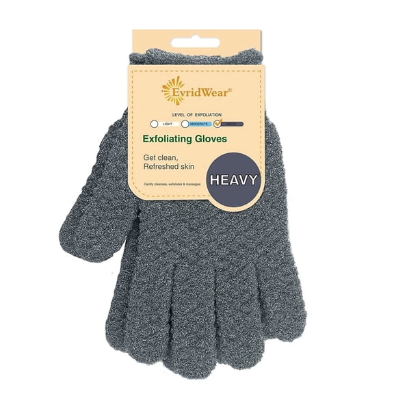 EvridWear Exfoliating Dual Texture Bath Gloves for Shower, Spa, Massage and Body Scrubs, Dead Skin Cell Remover, Gloves with Hanging Loop (1 Pair Gray Heavy Glove)