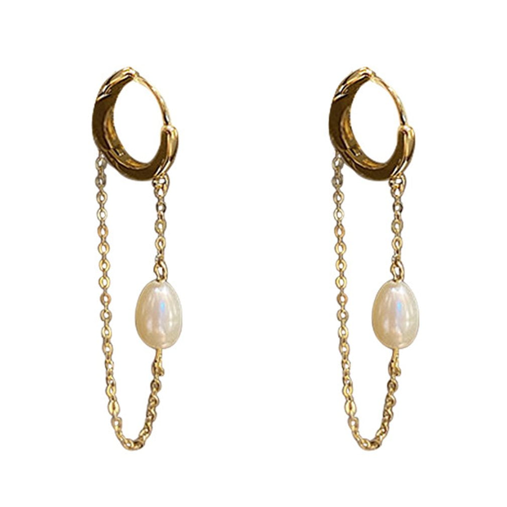 Imitation Pearl Bead Dangle Teardrop Rhinestone Threader Long Chain Earrings