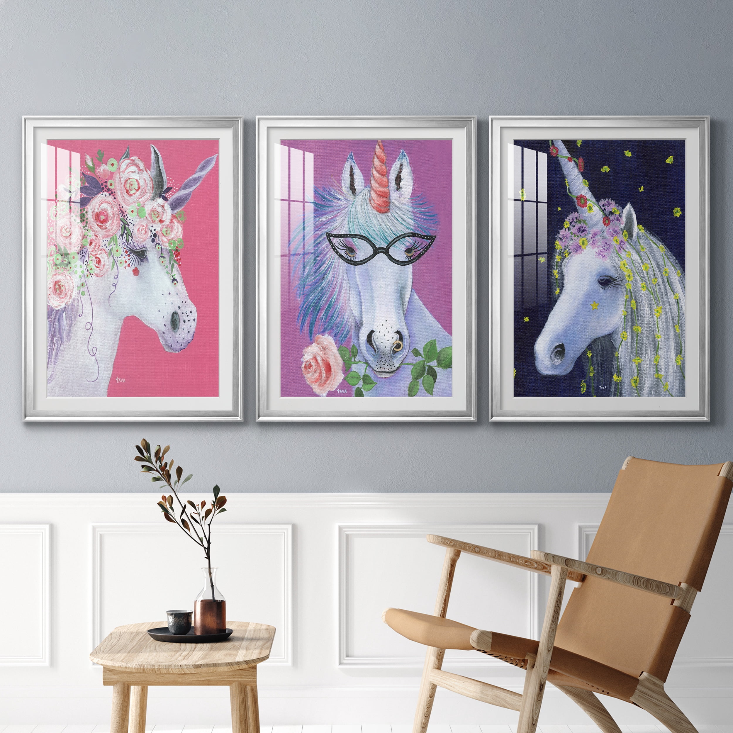 Unicorn II Premium Framed Prints Set of 3 - Ready to Hang - 26.5 x 36.5 Each - Silver Frame