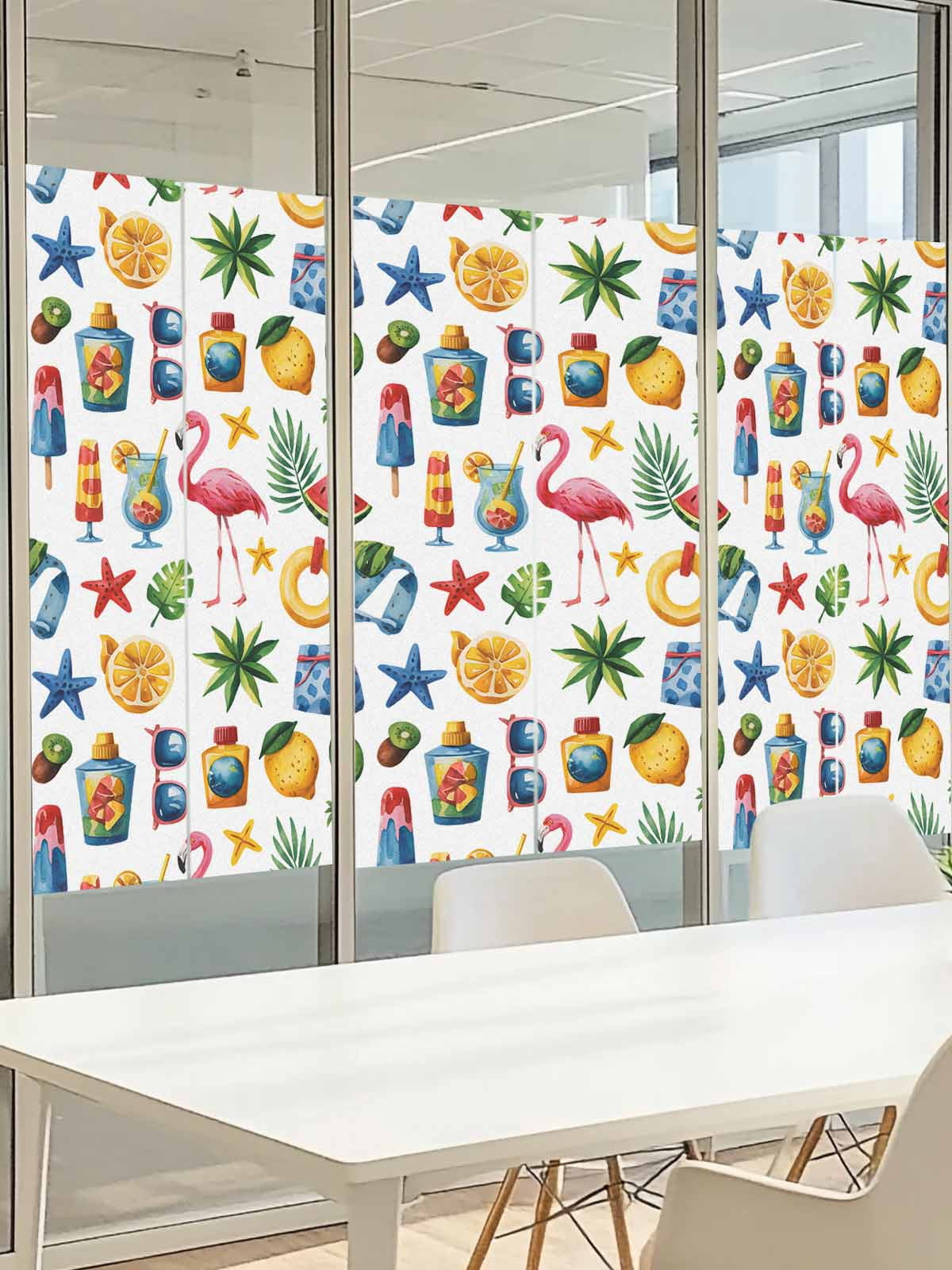 Summer Watercolor Style Window Privacy Film, Watermelon Flamingo Coconut Frosted Glass Window Clings Static Cling UV Heat Blocking Reusable Door Sticker for Bathroom 29.5 x 118 Inch