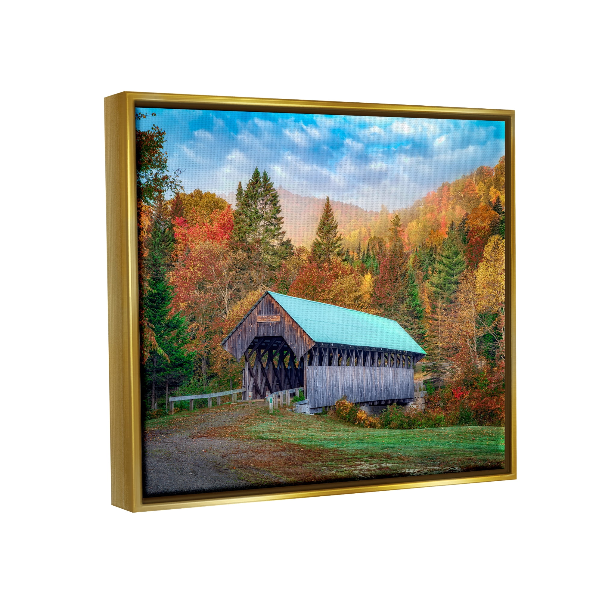 Stupell Woodland Covered Bridge Mountain Foliage Landscape Photography Gold Floater Framed Art Print Wall Art