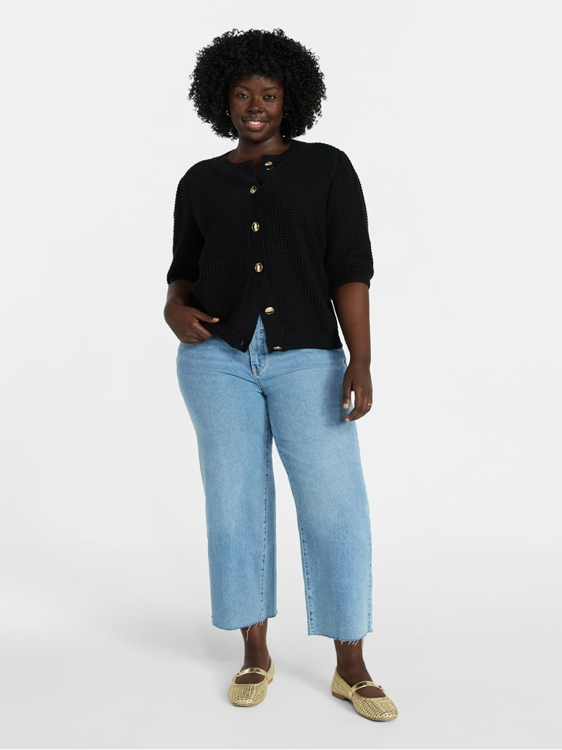 Terra & Sky Women's Plus Size Textured Crewneck Cardigan with