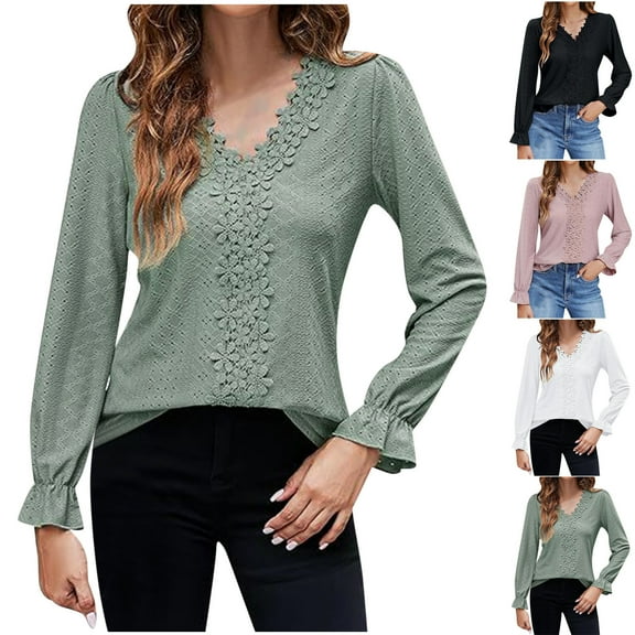 Fall Saving! HVOBTTY Womens Long Sleeve Pullover T Shirt, Fall Tops for Women, Women's Casual Solid Color Hollow Out Floral V Neck T Shirt White, M