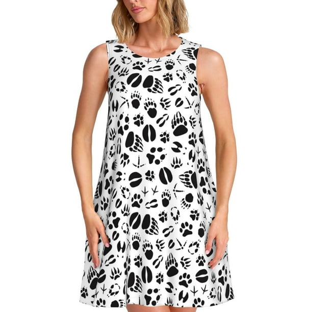 Fotbe Black Footprints Vestido de Verano sin Mangas para Mujer – Vestido Midi Línea A, Estilo Camiseta Floral, Vestido Playero Casual y Fluido