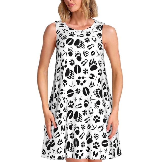 Fotbe Black Footprints Vestido de Verano sin Mangas para Mujer – Vestido Midi Línea A, Estilo Camiseta Floral, Vestido Playero Casual y Fluido