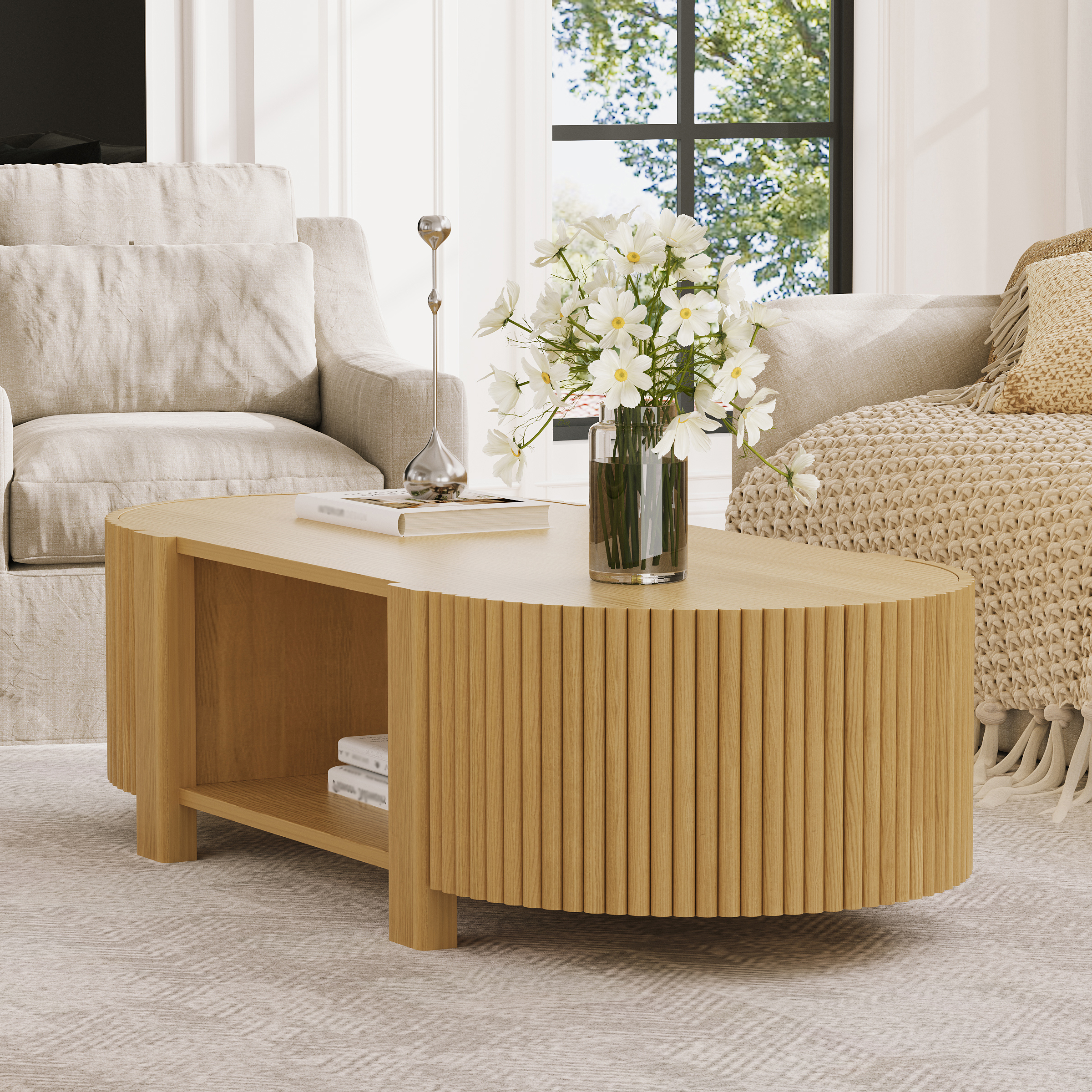 Euroco Oval Fluted Coffee Table with Storage for Living Room, 1 shelf & 2 Open Storage Doors, Natural, 47"