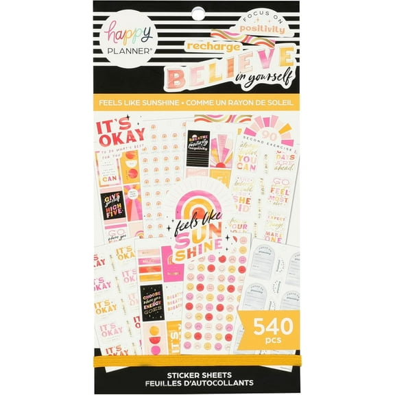 The Happy Planner Sticker Pack for Calendars, Journals and Projects –Multi-Color, Easy Peel – Scrapbook Accessories – Feels Like Sunshine Theme – 30 Sheets, 540 Stickers Total