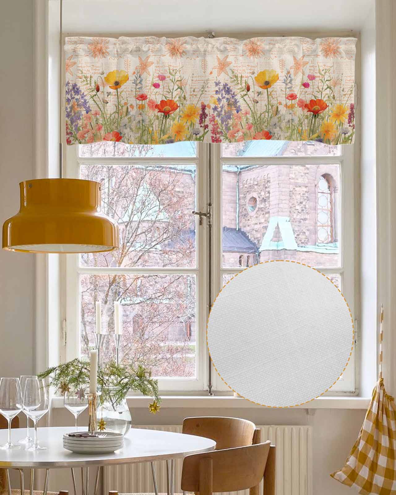 Orange Floral Linen Curtain Valance for Bedroom/Bathroom/Kitchen/Office/Living/Dining Room Windows,Vintage Botanical Flower Plant Herbs Rod Pocket Topper Drapes Decorative Cafe Drapery Panel 42x18