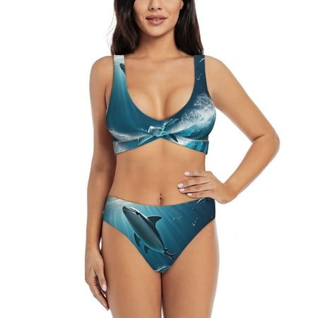 Zeuib Ice Blue Ocean Cute Dolphin A High Waisted Tummy Control Bikini Set - Knot Front Push Up Top & Cheeky Thong Bottom  Two-Piece Swimsuit for Women-XX-Large