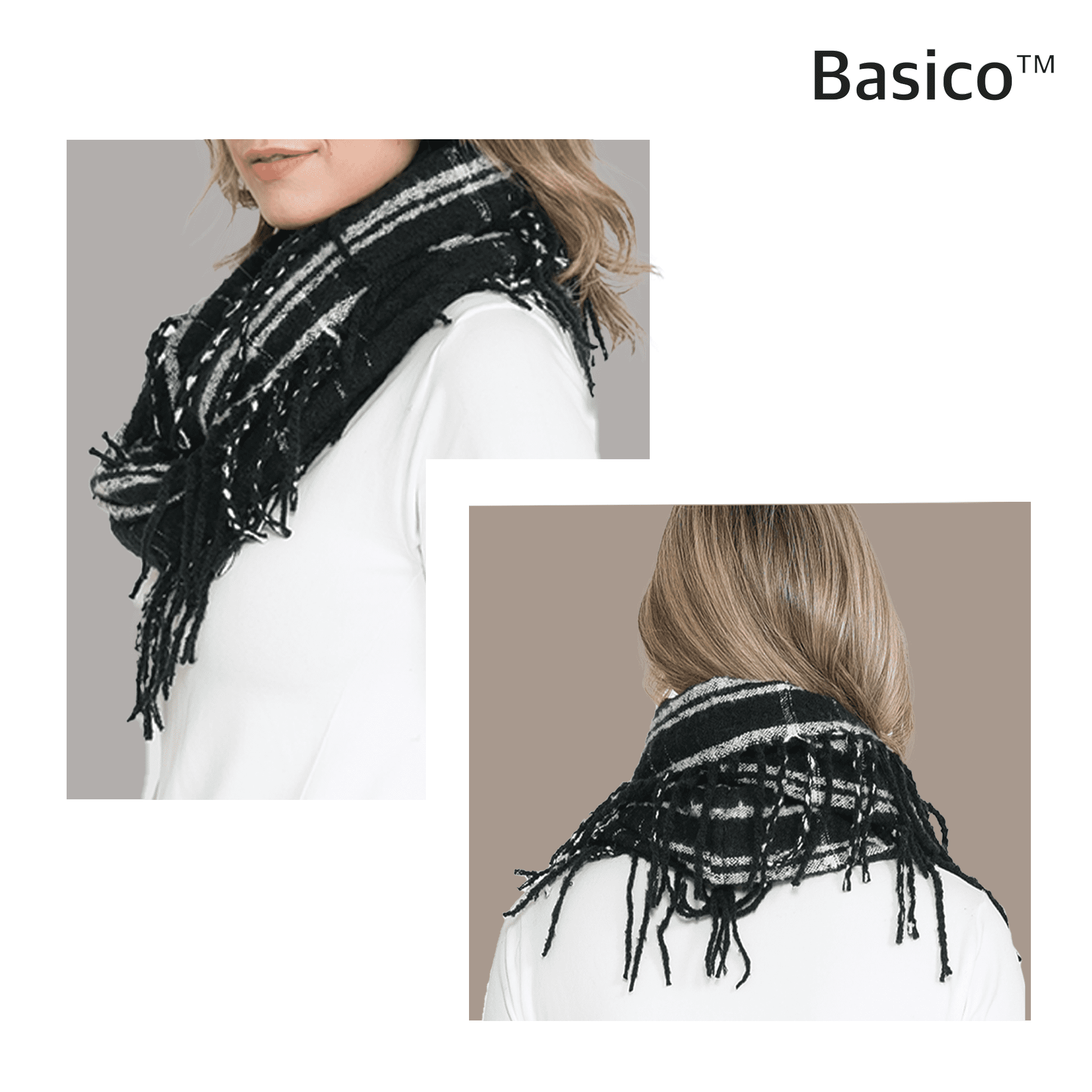 Basico Knit Infinity Scarf | Winter Scarf for Women | Black Plaid Ivory Scarves Set
