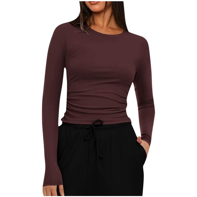 Timegard Hauts pour Femmes, Col Rond, Manches Longues Froncées, T-Shirts Slim, Blouse Décontractée et Confortable
