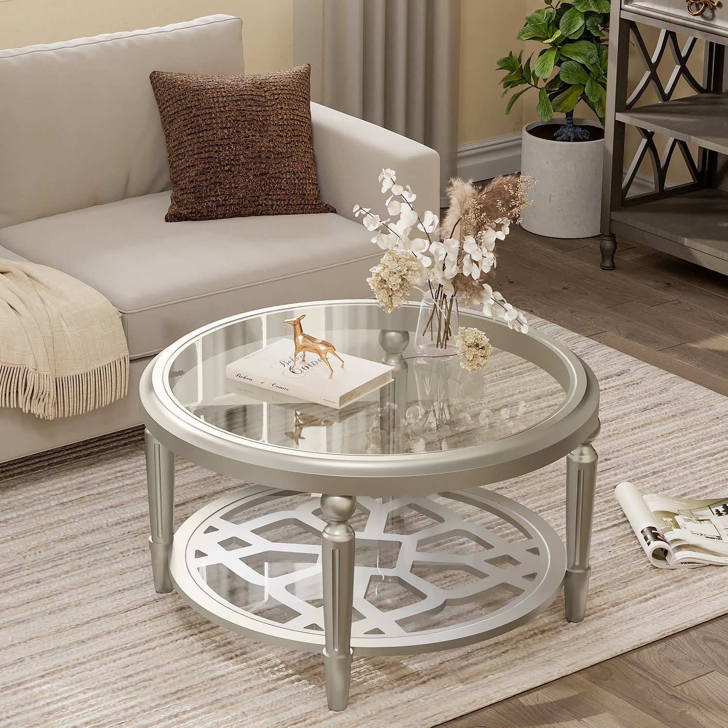 SIMPLIHOME Johnsen Metal Accent Table - Round Boho Drum Table, Antique Silver