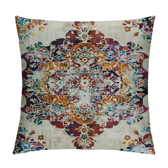 Creowell Boho Throw Pillows Cover Orange Blue Teal Ethnic Carpet Pillow Covers Farmhouse Fall Coral Floral Decorative Pillow Cases for Outdoor Living Room Couch Sofa Decor 12x12in