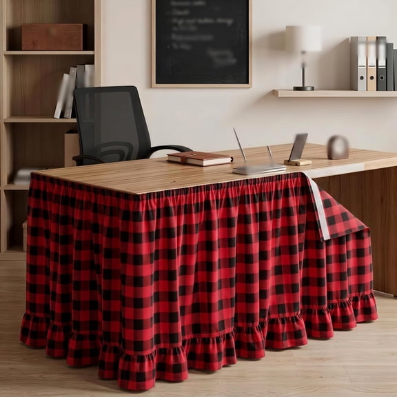 6ft Table Skirt Ruffled Hook and Loop Teacher Desk Skirts Checkered Desk Skirt for Classroom Party Decorations,Straight style,Deep Red