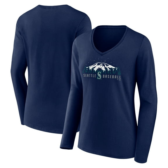 Women's Navy Seattle Mariners Mountains V-Neck Long Sleeve T-Shirt