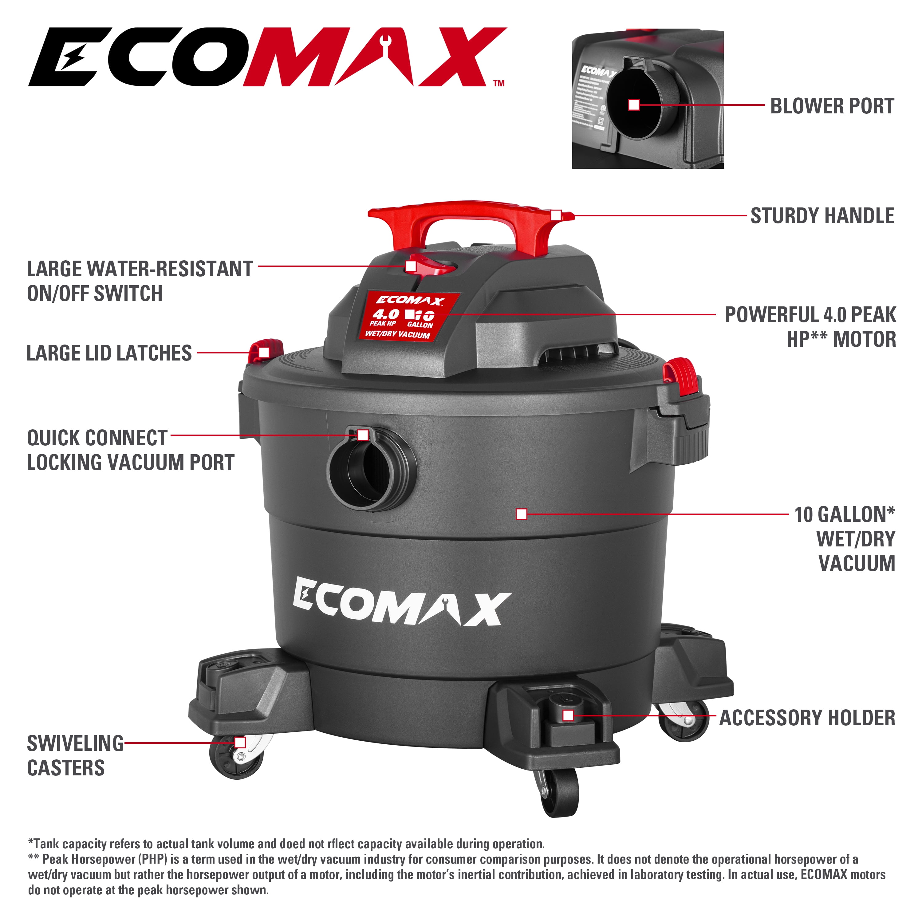 Ecomax EM18191P 10-Gallon 4HP Portable Poly Wet/Dry Vacuum – Powerful Shop & Garage Cleaner with Accessories