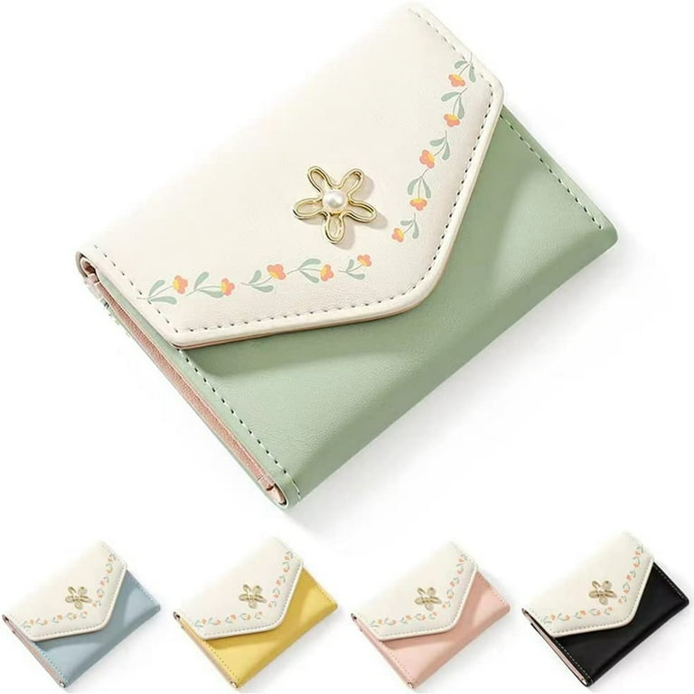 Qzbon CE Girls Flower Print Wallet Small Aesthetic Tri-Fold Purse PU Leather Cash Pocket ID Window Card Holder for Women/Black, Women's