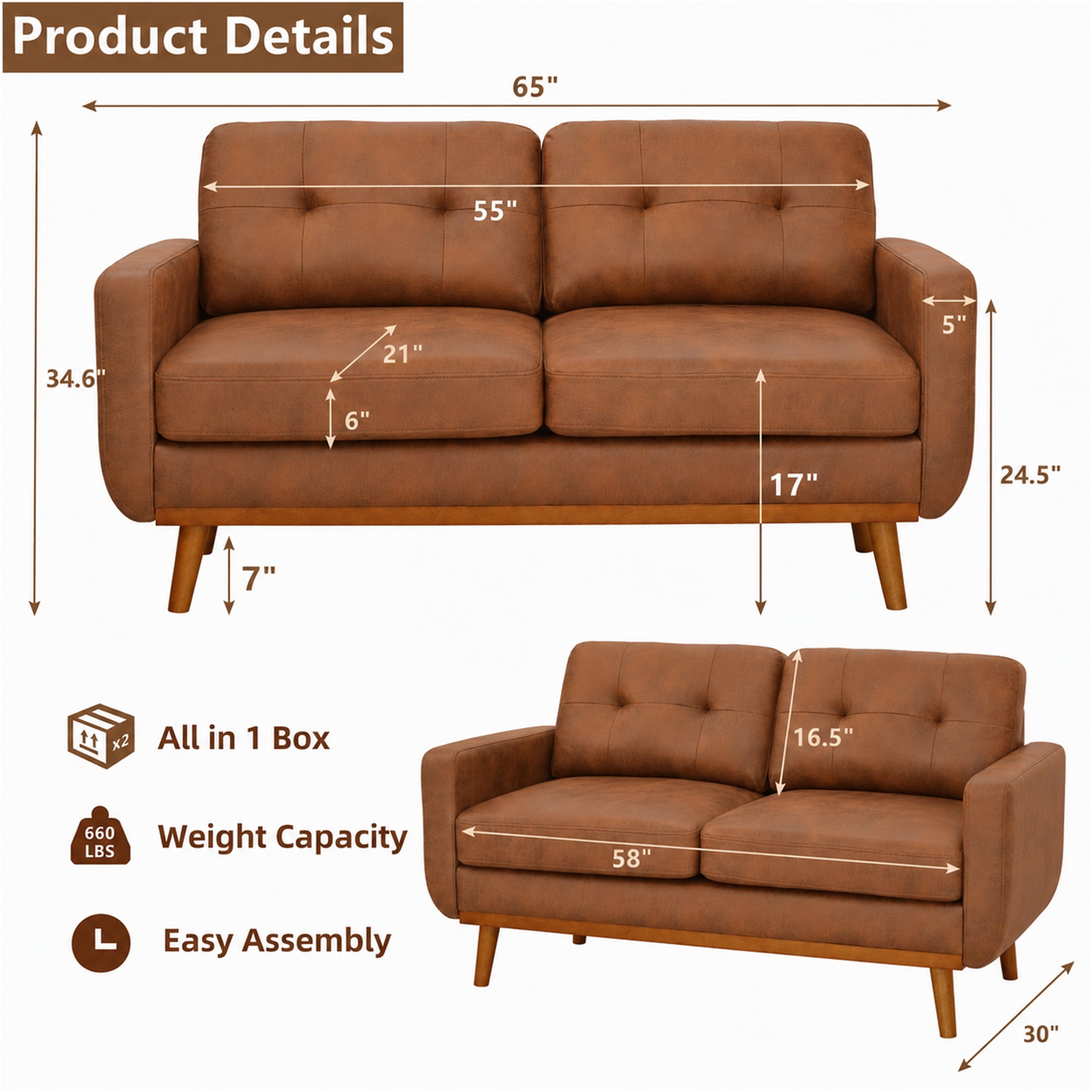 Aukfa 65" Small Sofa Loveseat Couch Comfy Mid Century Modern Sofa for Living Room Bedroom, Foil Fabric, Brown