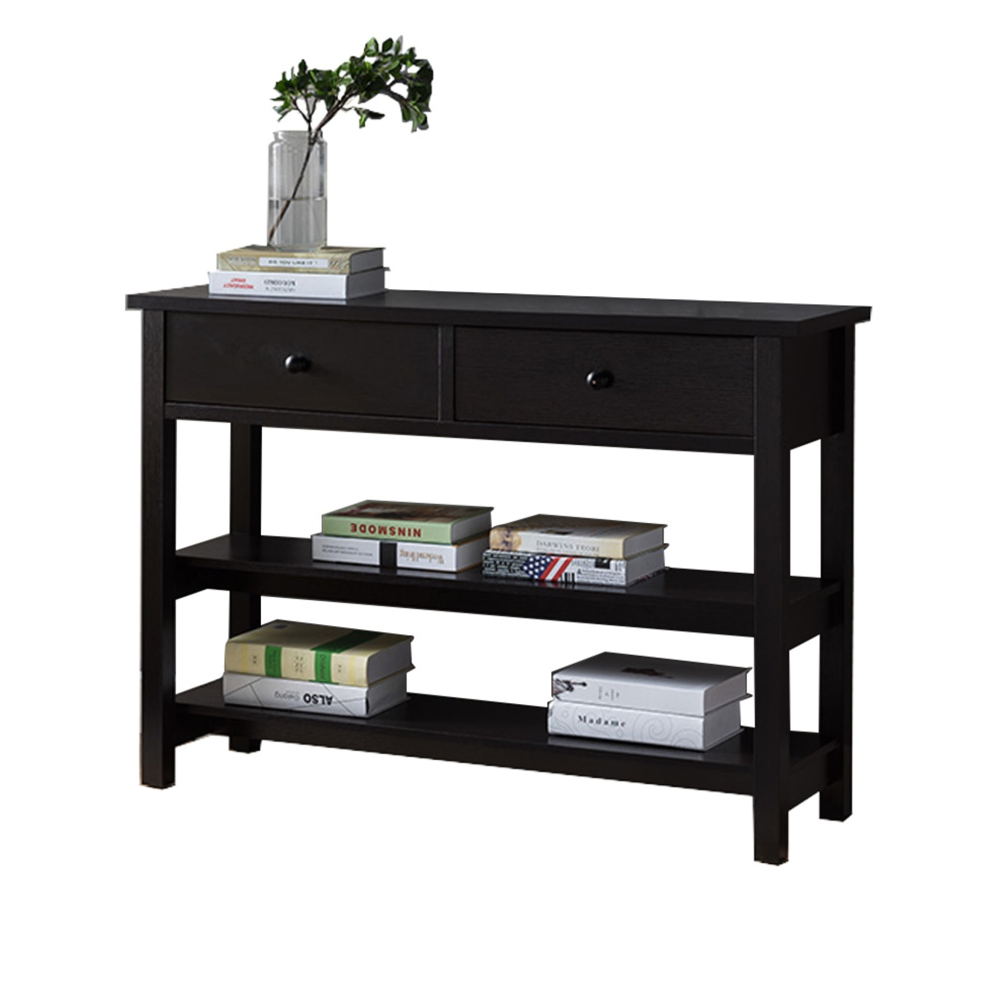 Two Drawer Console Table with Two Open Shelves and Block Legs, Dark Brown