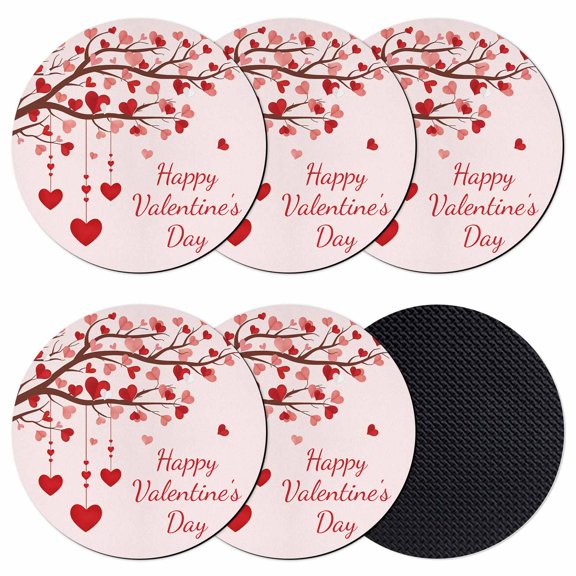 Pink Valentine's Day Coasters Set of 6, Absorbent Coasters for Drinks, Watercolor Love Tree Branches Romantic Coaster for Desk Coffee Table Protection, Home Decor House Warming Gifts 4"