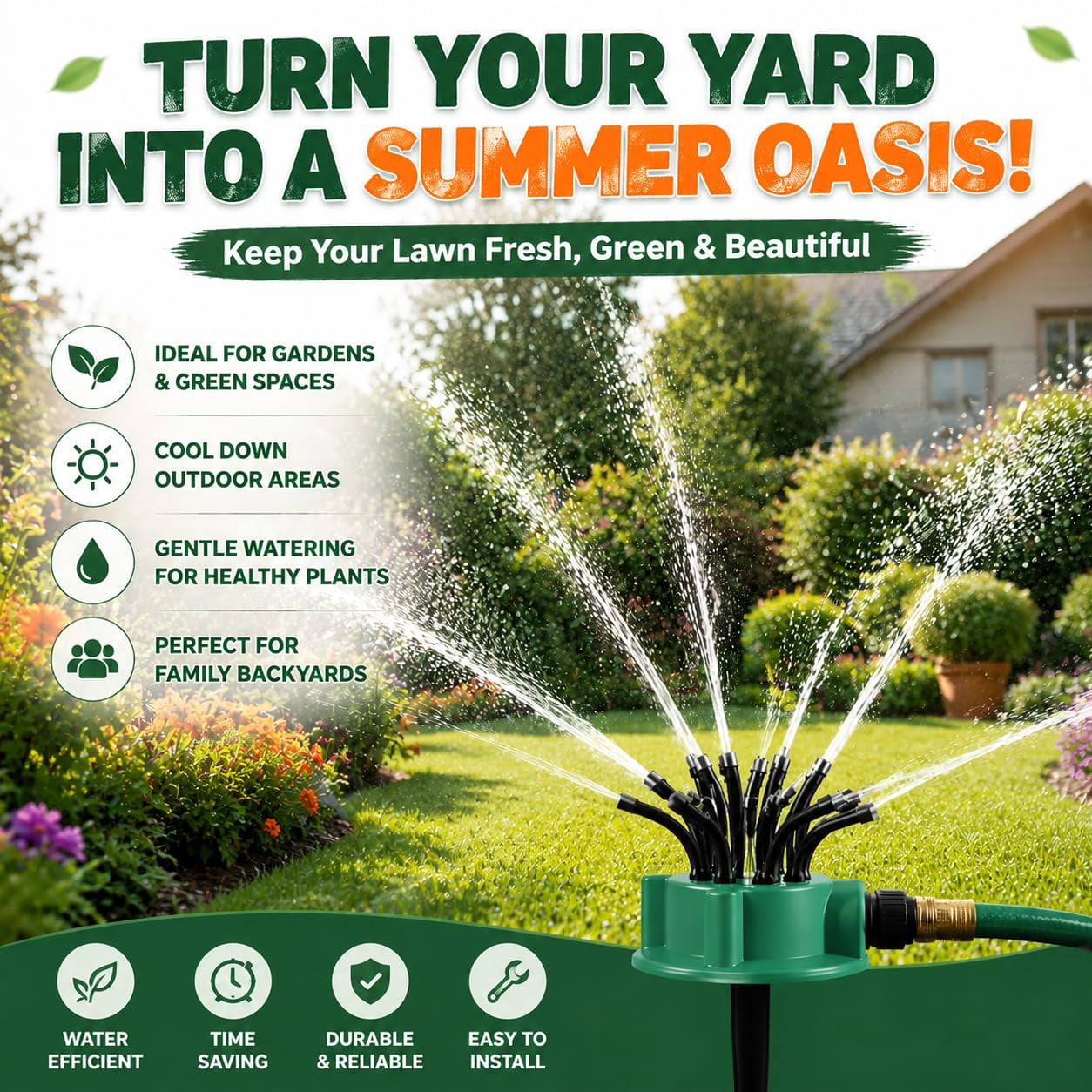 EVHRZN 360°Multi-Directional Lawn Sprinkler, Stable Rotating Garden Watering Tool with Flexible Spray Nozzles, Roof Cooling Sprinkler for Yard, Backyard, Flowers, Grass, and Outdoor Summer Play