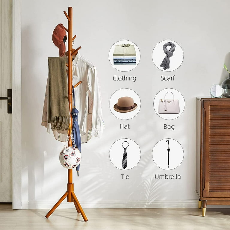 Hassch Wooden Coat Rack Freestanding Tree Coat Hanger with 8 Hooks for Clothes Suits Accessories Walnut