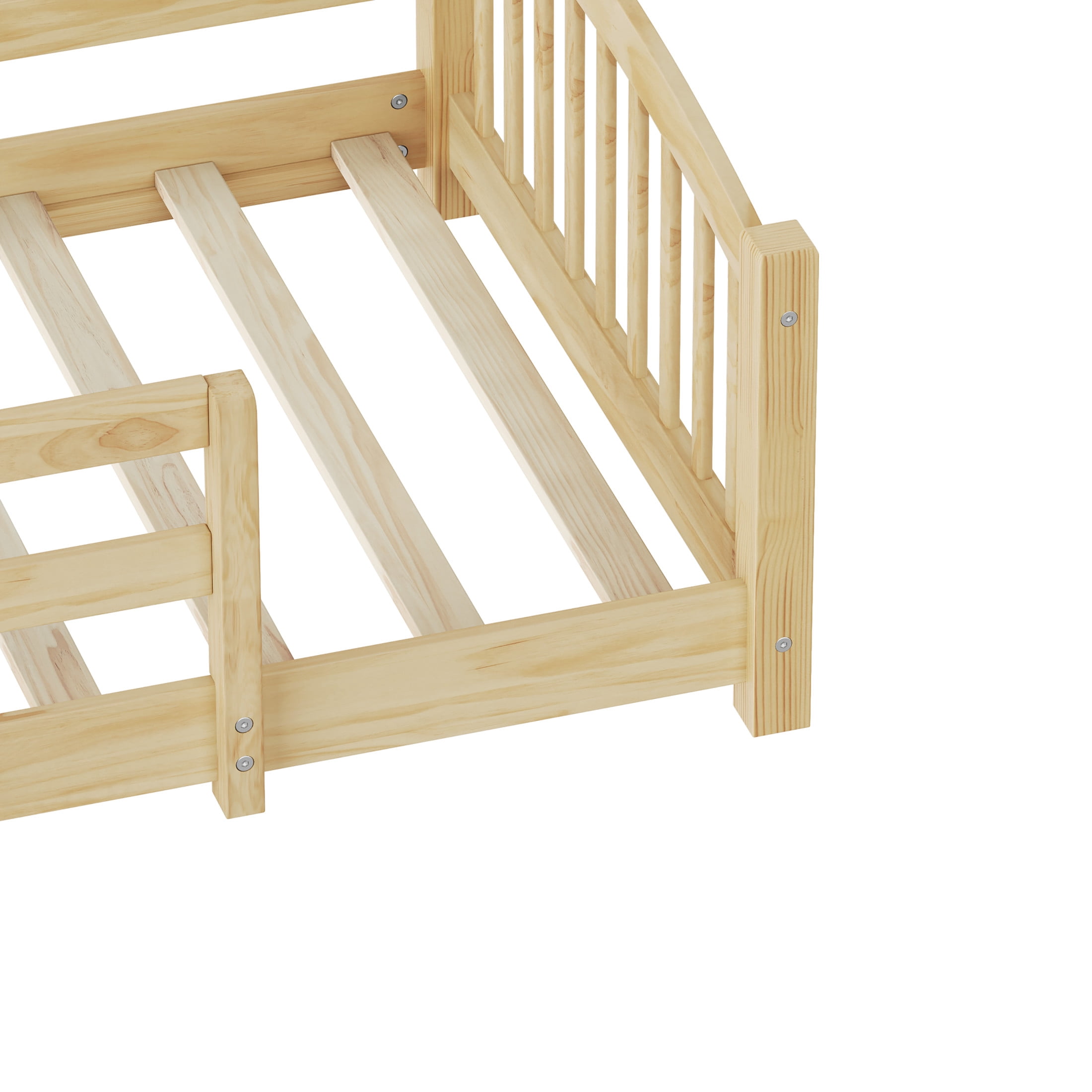 Noble House Twin Floor Bed with Slats, Safety Guardrails, Solid Wood Frame, Natural