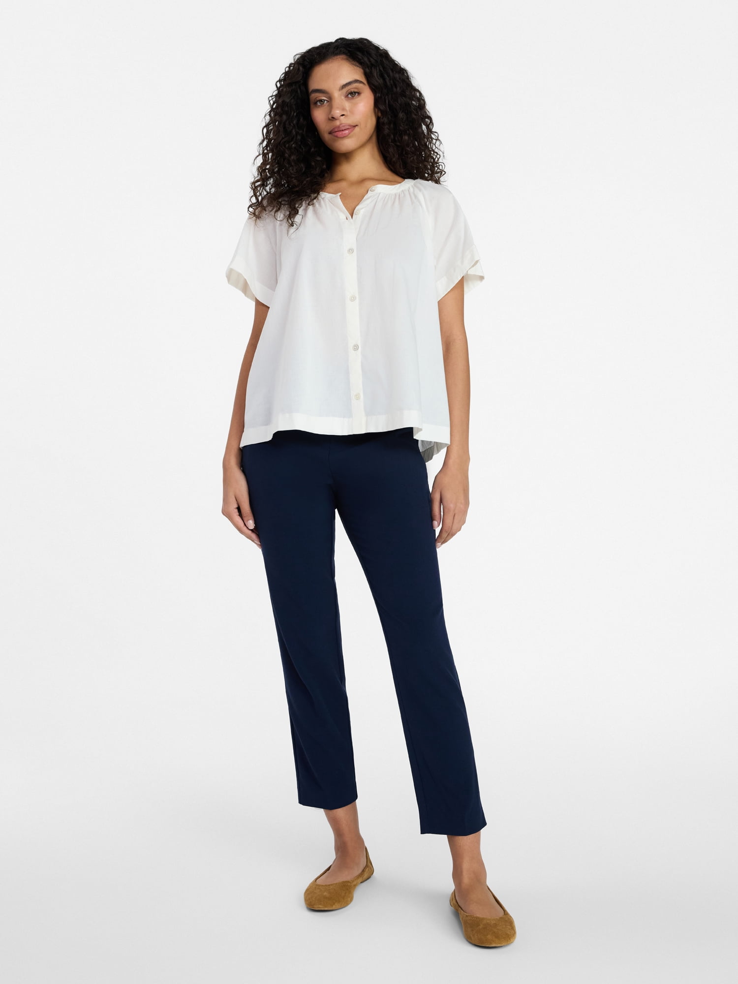 Time and Tru Women's Cotton Button Up Blouse with Short Sleeves, Sizes XS-XXXL