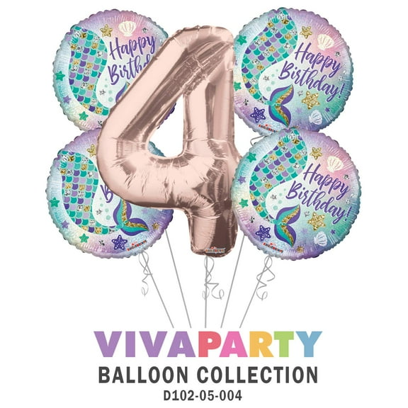 Happy Birthday Mermaid Round Balloon Bouquet 5 pc, 4th Birthday, Rose Gold Number 4 Jumbo Balloon | Viva Party Balloon Collection