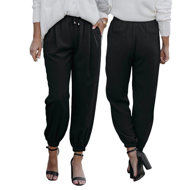 TRKIYQC Pantalones largos de cintura alta para mujer, pantalones con banda en el tobillo con cordón, negro beige TRKIYQC moda