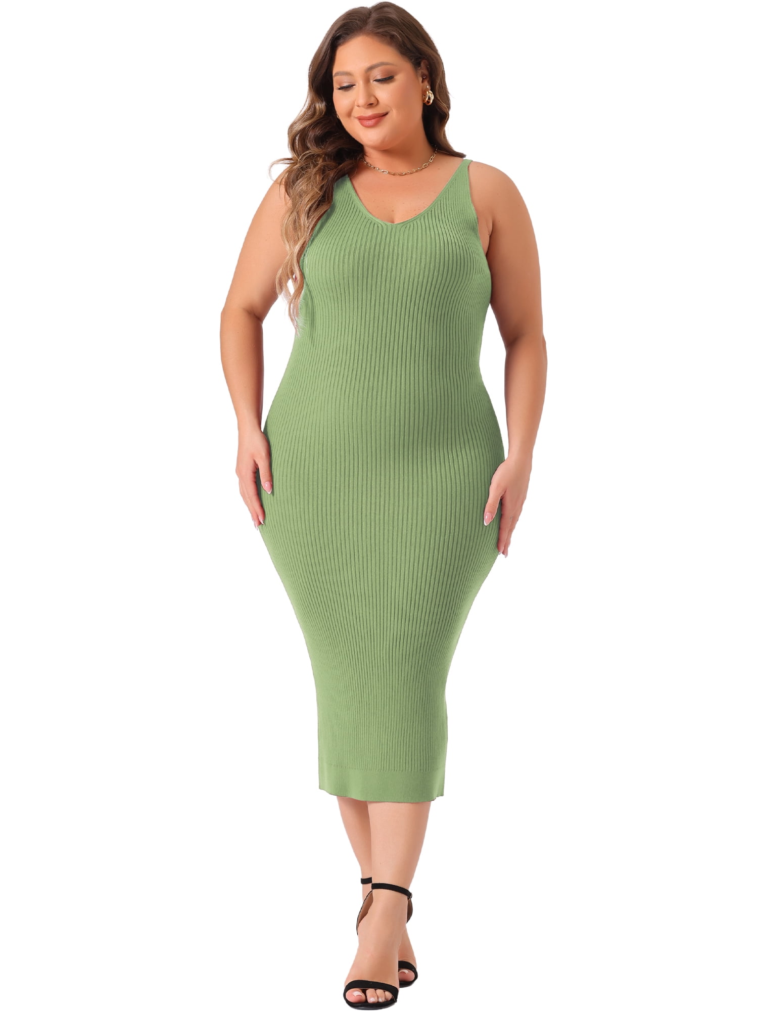 DARING DIVA Plus Size Sweater V Neck Ribbed Knit Bodycon Dress 3X Green