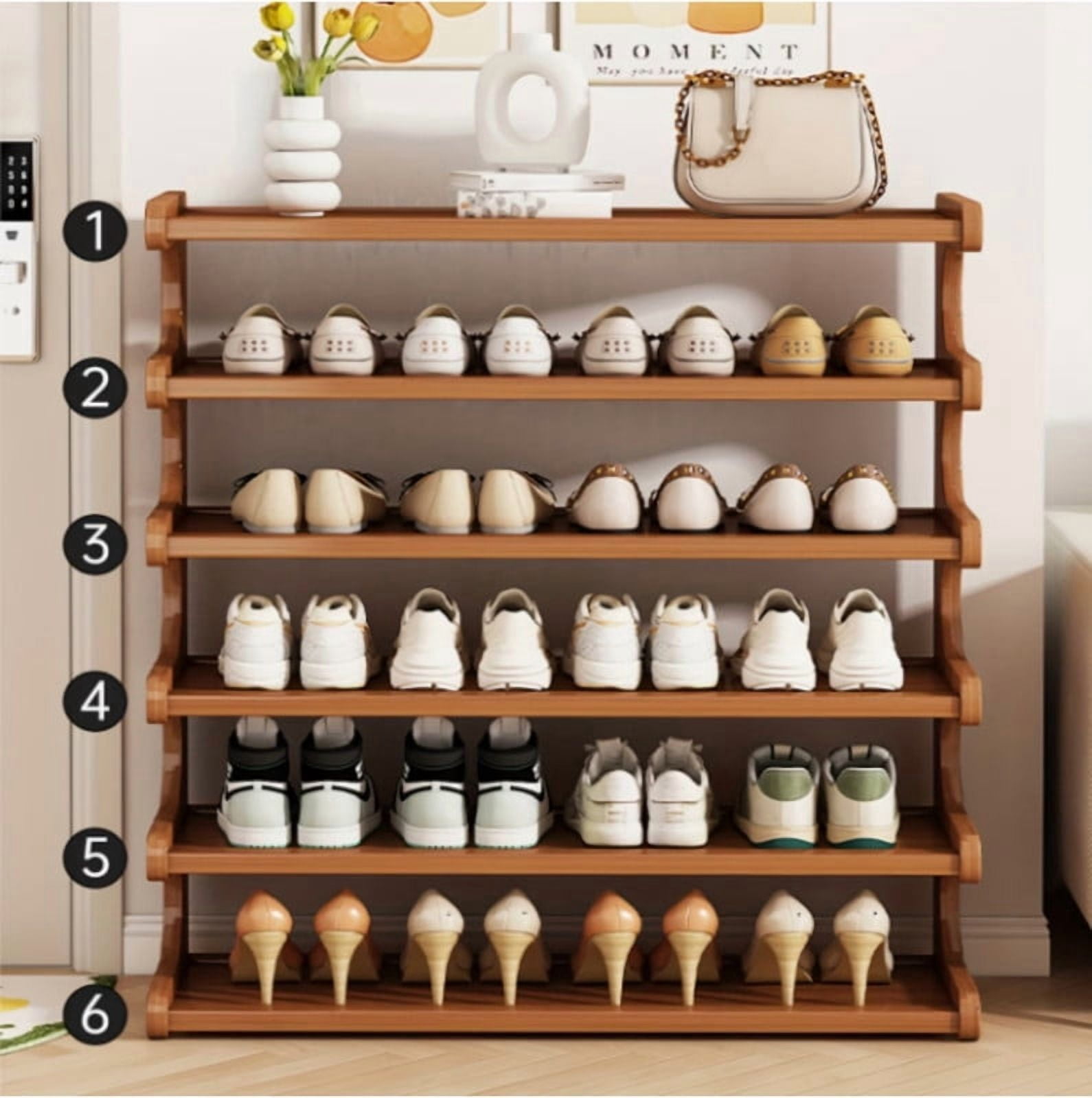 6 Layer Bamboo Shoe Rack, Tall Narrow Shoe Rack Organizer, Multifunction Display Shelf, Space Saving Shoe Organizer Shoe Shelf for Entryway, Closet, Corner, Doorway