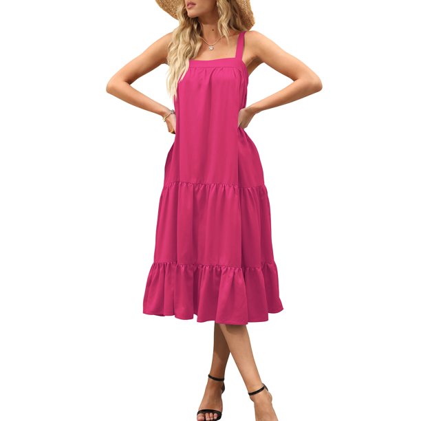 Sunloudy Vestido midi sin mangas para mujer, vestido de playa con volantes sueltos de color sólido sin mangas de verano Sunloudy S M L XL