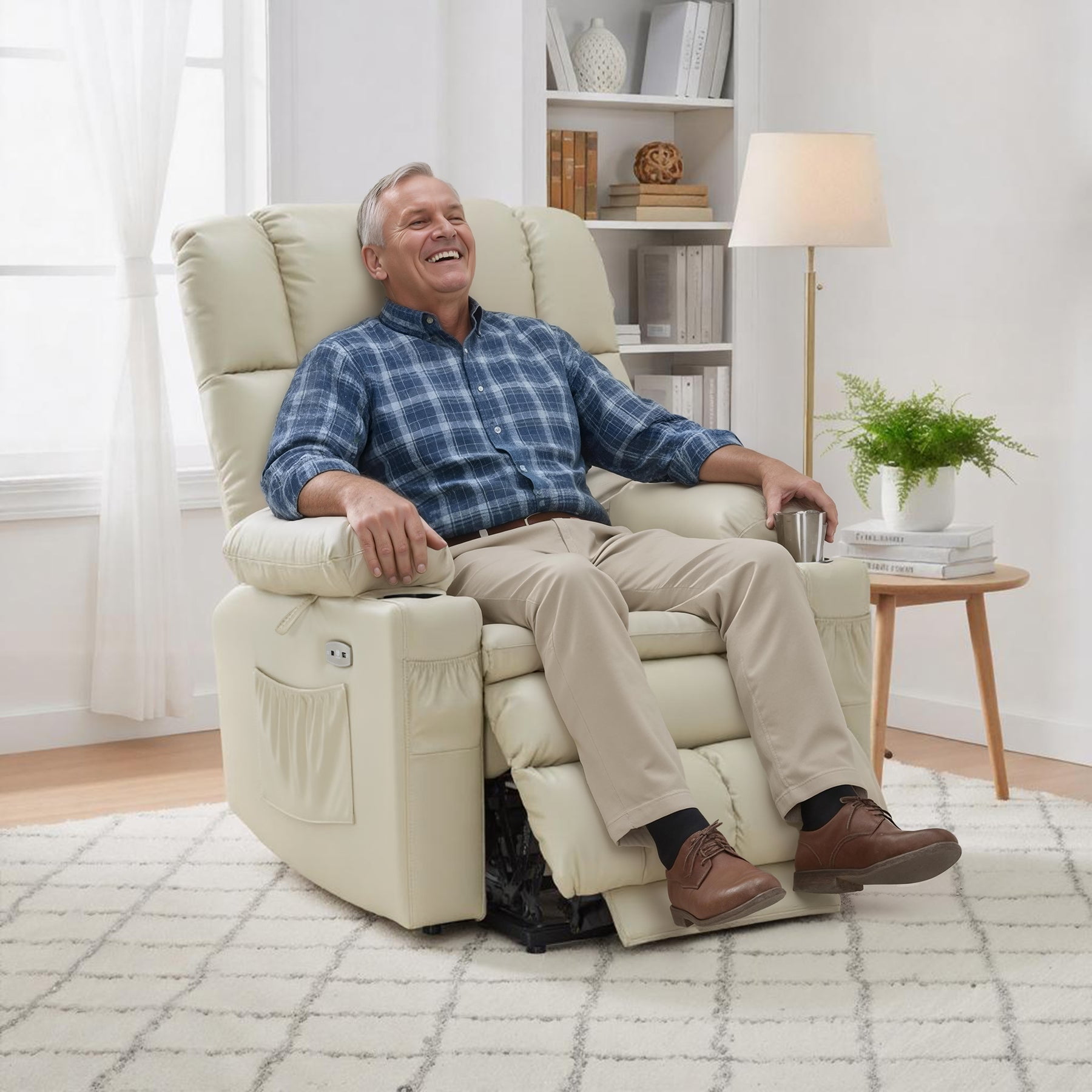 MCombo Dual Motor Power Lift Chair for Elderly, Sleep Lift Recliner, Faux Leather, Cream White