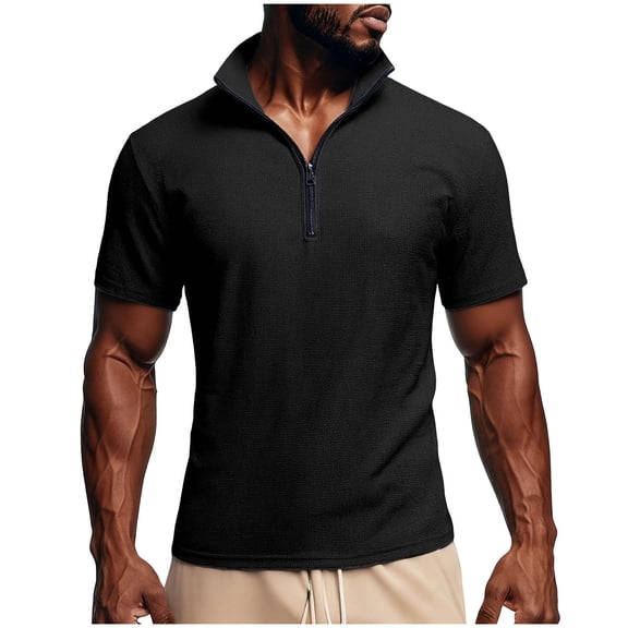 Qgtaibl 1/4 Zipper Pullover T-Shirt for Men Waffle Short Sleeve Collared Shirts Summer Lightweight Daily Pullover Tee Tops Black,S