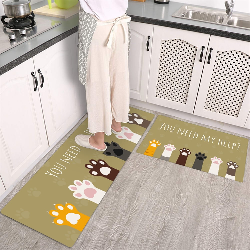 Kitchen Rug Cute Cats Dogs Paws Pet Yellow Grey You Need Help Non Slip PVC Leather Rubber