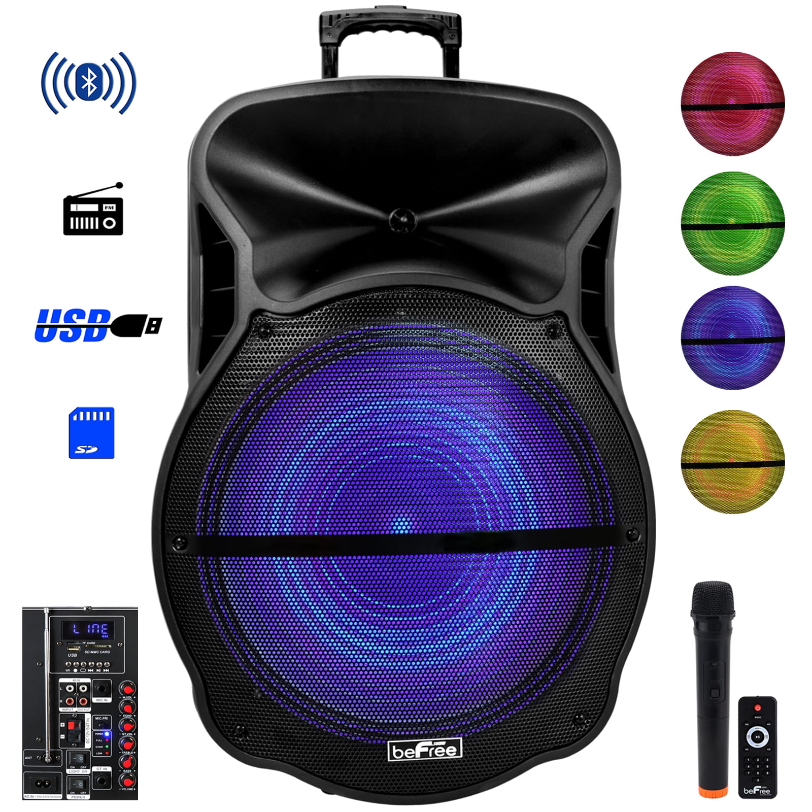 beFree Sound 18 Inch Blutooth Portable Rechargeable Party Speaker with Sound Reactive LED Party Lights, USB/SD, Microphone/Guitar Inputs and FM Radio