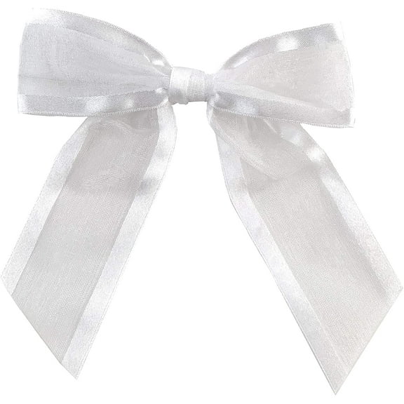 Pre-Tied White Organza Bows - 4 1/2" Wide, Set of 12, Craft Ribbon Bow, Satin Edge, Christmas, Wreath, 4th of July, Wedding Embellishments, Gift Basket, Birthday, Valentine's Day