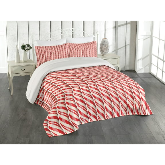 Ambesonne Candy Cane Quilted Coverlet 3 Pcs, Red Christmas Sweets, King Size, Red Cream
