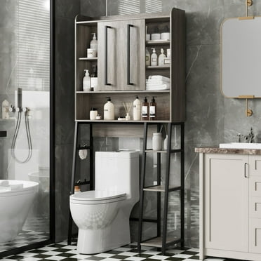 YISUFO Over-the-Toilet Storage Cabinet with Adjustable Shelves | 66.9" H Freestanding Bathroom Organizer | Anti-Tip Design | Grey Walnut