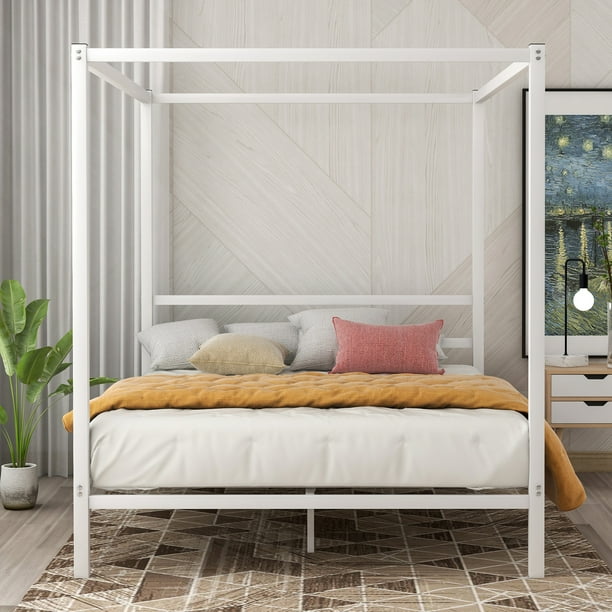 Merotable Metal Framed Canopy Platform Bed With Built In Headboard No Box Spring Needed Classic Design Queen White Walmart Com Walmart Com