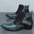 thumbnail image 3 of Men's Western-Inspired Ankle Boots, Two-Tone Patterned Chelsea Boots with Zipper & Studs, Pointed Toe Block Heel, and Cracked Leather Print, 3 of 6