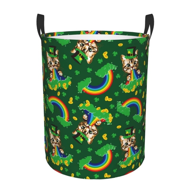 Balery Cat St Patrick's day Cesta de ropa redonda con asas, impermeable, independiente, para ropa, juguetes, dormitorio y familia-Small