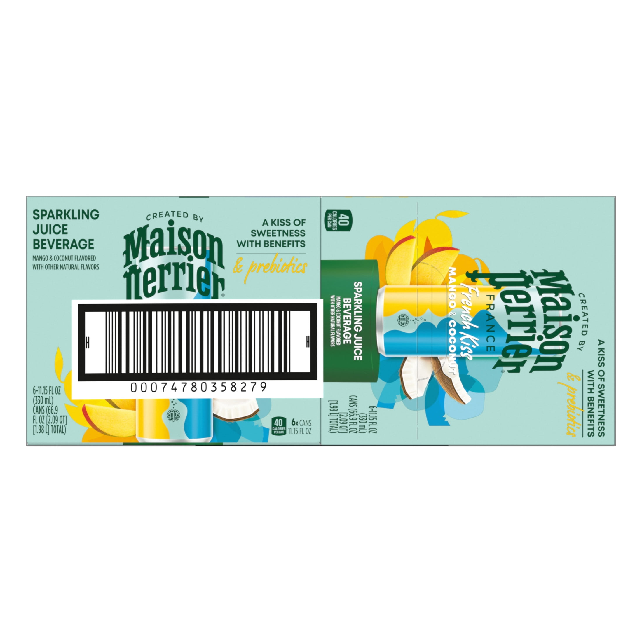 Maison Perrier French Kiss Sweetened Sparkling Water, Mango & Coconut Flavors with Real Fruit Juices, 24PK