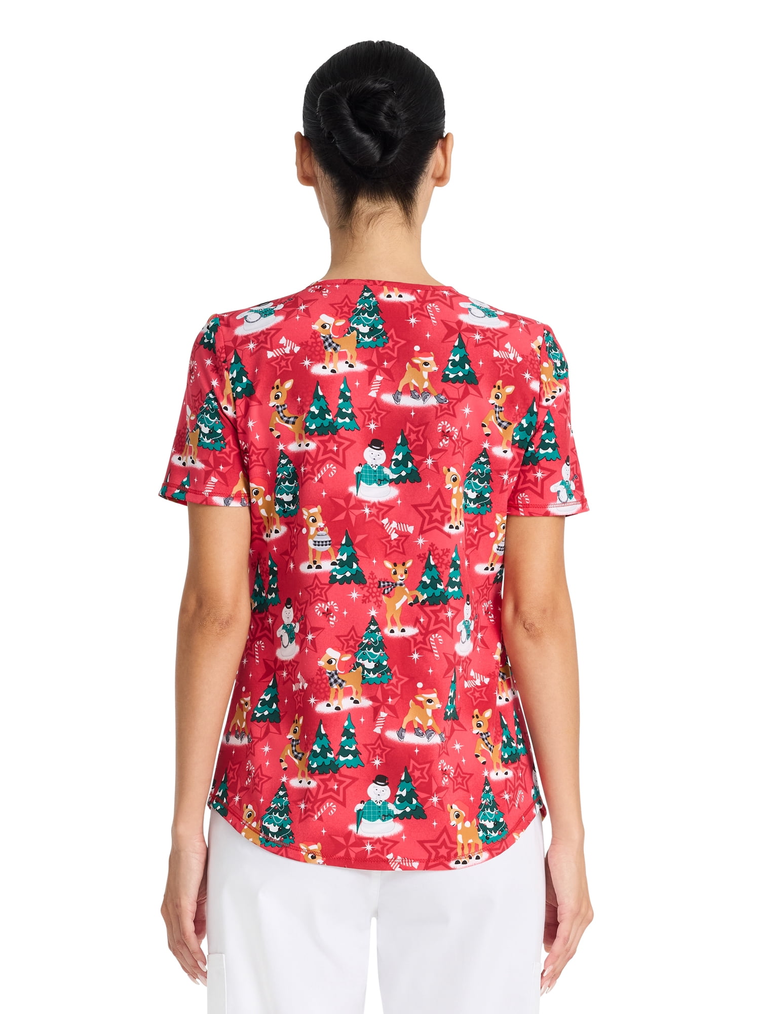 Rudolph Warm And Cozy Women's V-Neck Print Scrub Top, Sizes XS-3XL