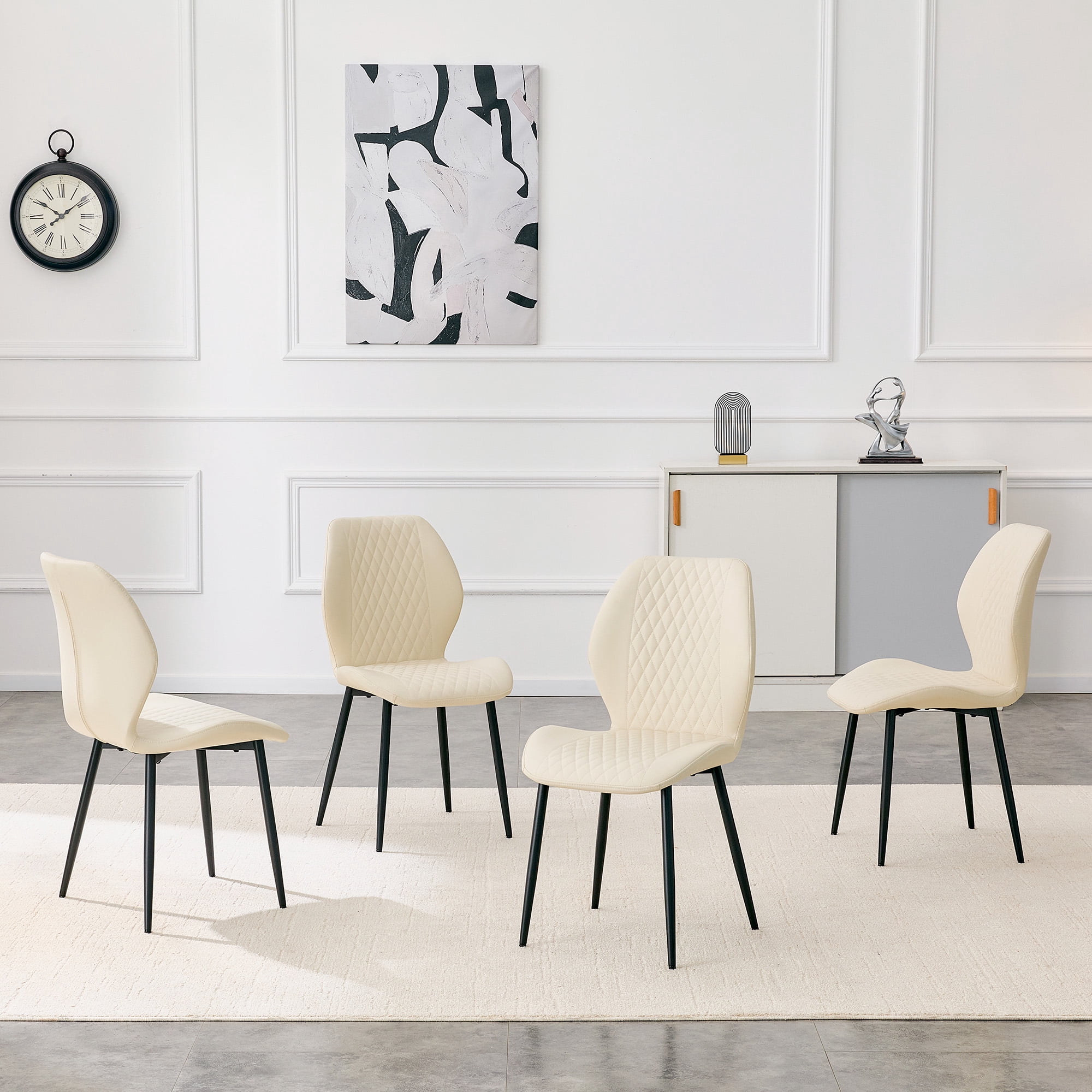 MOONMISS Dining Chairs Set of 4,Modern luxury Diamond-Quilted PU chairs with black metal legs for Dining Room Living Room,Beige