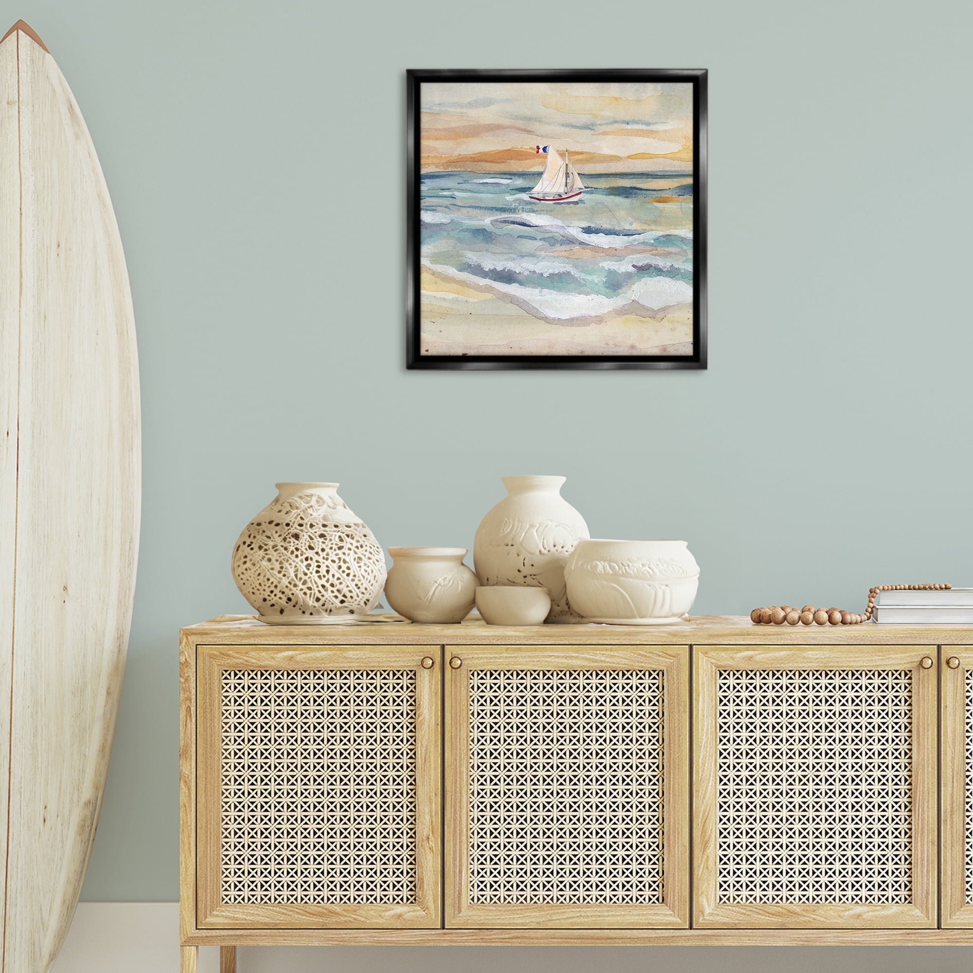 Stupell Industries Watercolor Boat Beach View Transportation Painting Black Floater Framed Canvas Art Print Wall Art, 25 x 25
